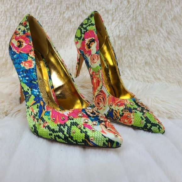 Mona Mia Shoes - Mona Mia Vibrant Multi Color Floral & Snake Pattern 4.5" High Heel Pumps